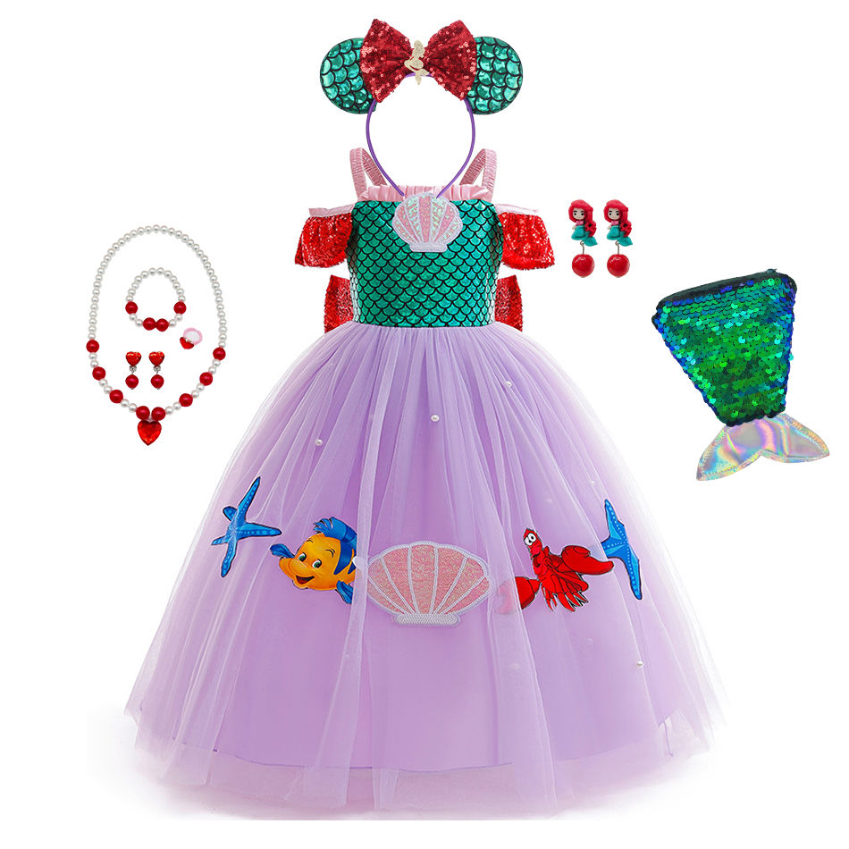 الصورة المصغرة: Disney Little Mermaid Costume Halloween Purim Girls Princess Ariel Cosplay Outfi