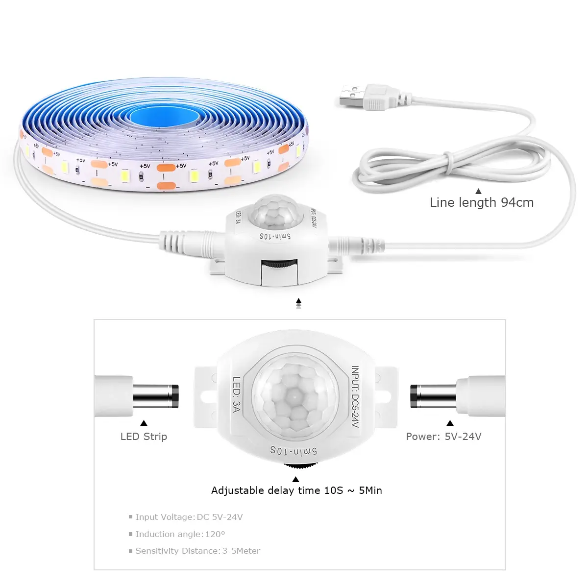 USB 5V LED Strip Light Waterproof SMD2835 With Sensitive PIR Motion Sensor Delay