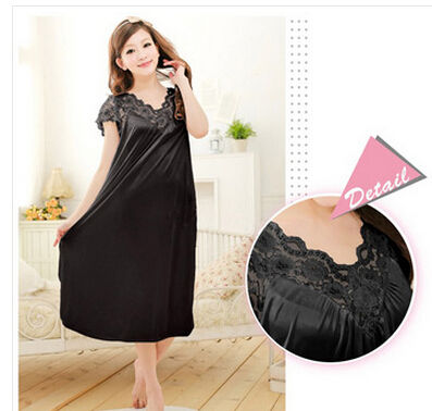 Free shipping women black lace sexy nightdress girls plus size bathrobe Large si