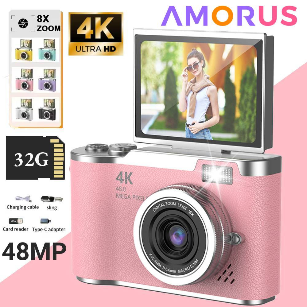 4K Digital Camera CCD 180° Flip Screen Selfie Camera 8X Digital Zoom 48MP Porta