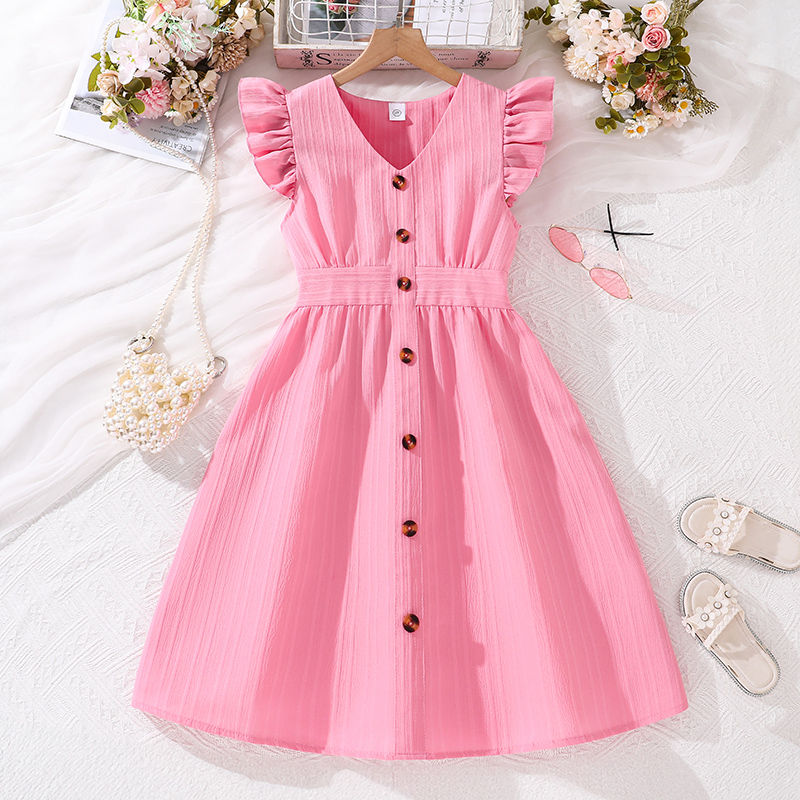 Kids Dresses for Girls 8-12 Years Pink Small Flying Sleeves V-Neck Dress 2024 Ne