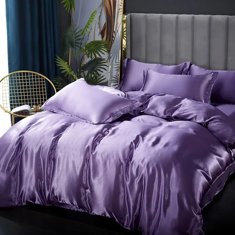 Thumbnail: Silk Bedding Set with Duvet Cover Bed Sheet Pillowcase Luxury Satin Bedsheet Sol
