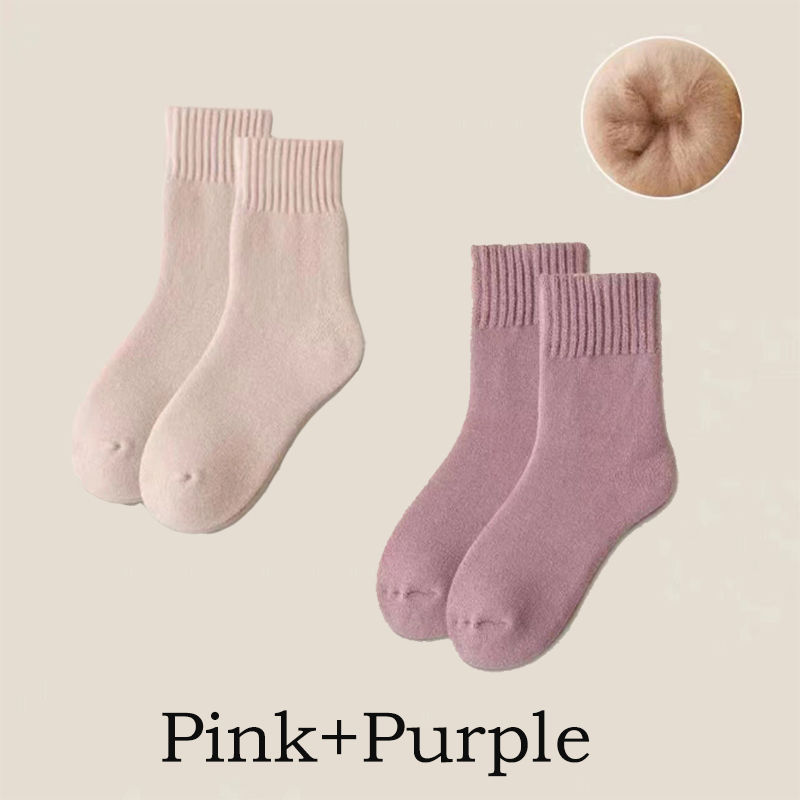 الصورة المصغرة: 2 Pairs Winter Socks Women Wool Thermal Warm Socks Snow Markron Color Thicken Pl