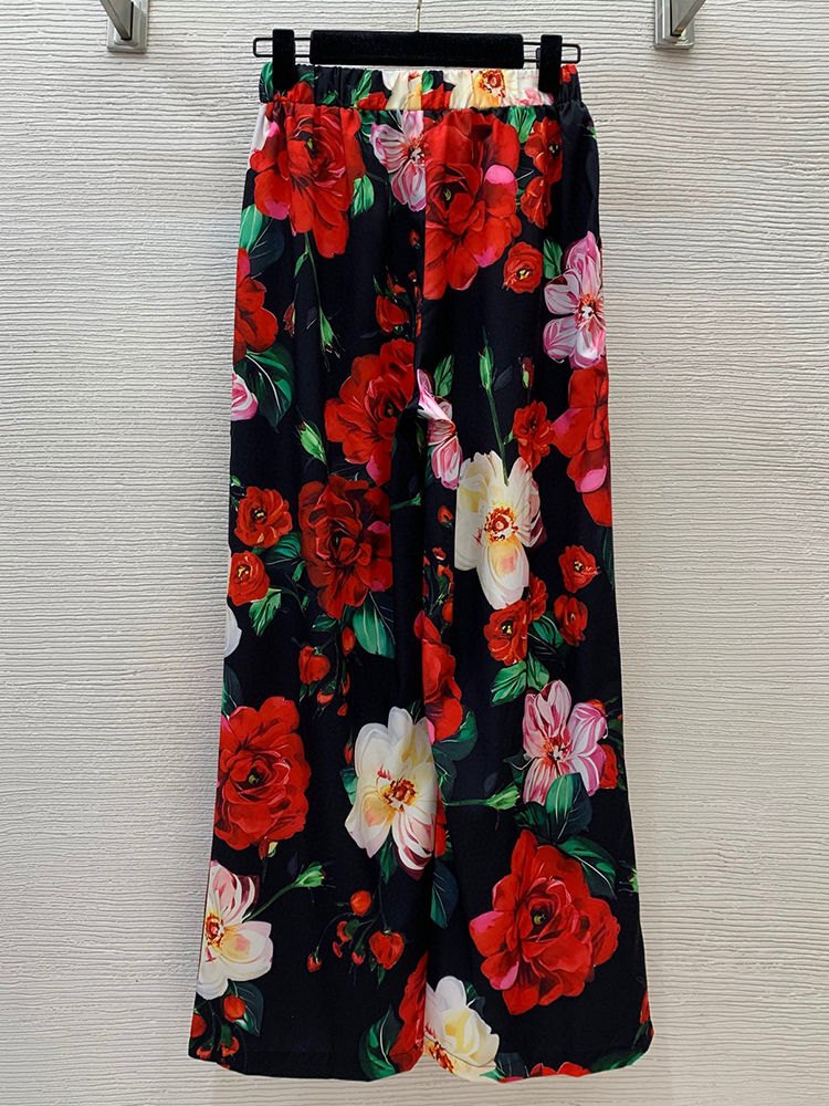 الصورة المصغرة: 25 spring new printed pajamas suit lapel long-sleeved shirt elastic waist wide-l