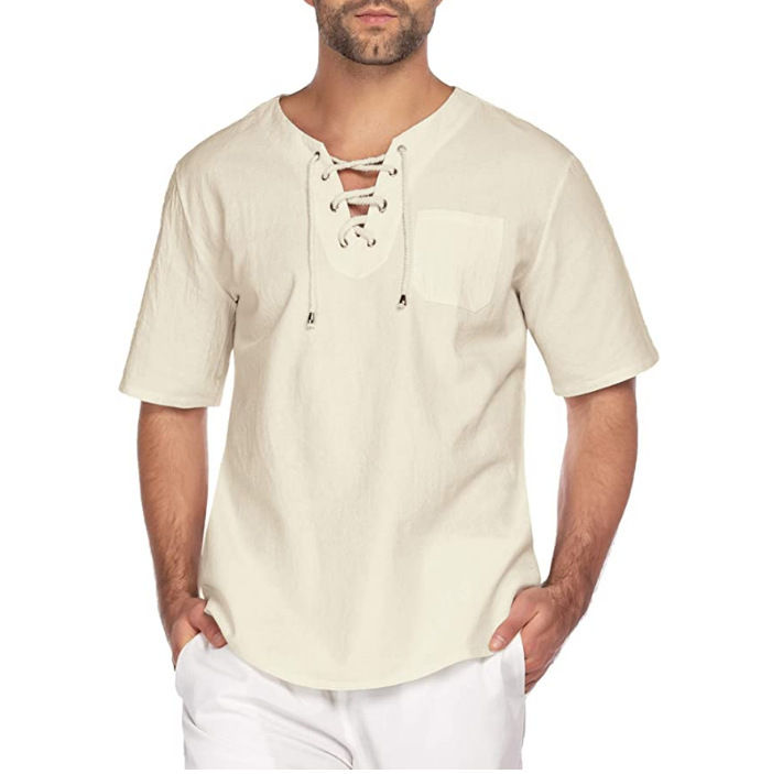 الصورة المصغرة: Plus Size Men's Tee Shirt Solid Tops Pullover V Neck Lace-up Loose Top Summer Ho