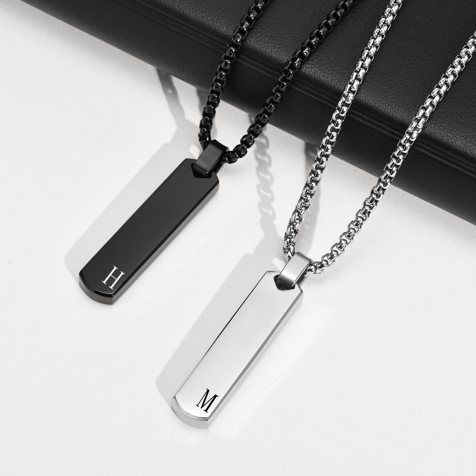 Initials Vertical Bar Necklace for Men,Stainless Steel A-Z 26 Letters Charm Geo