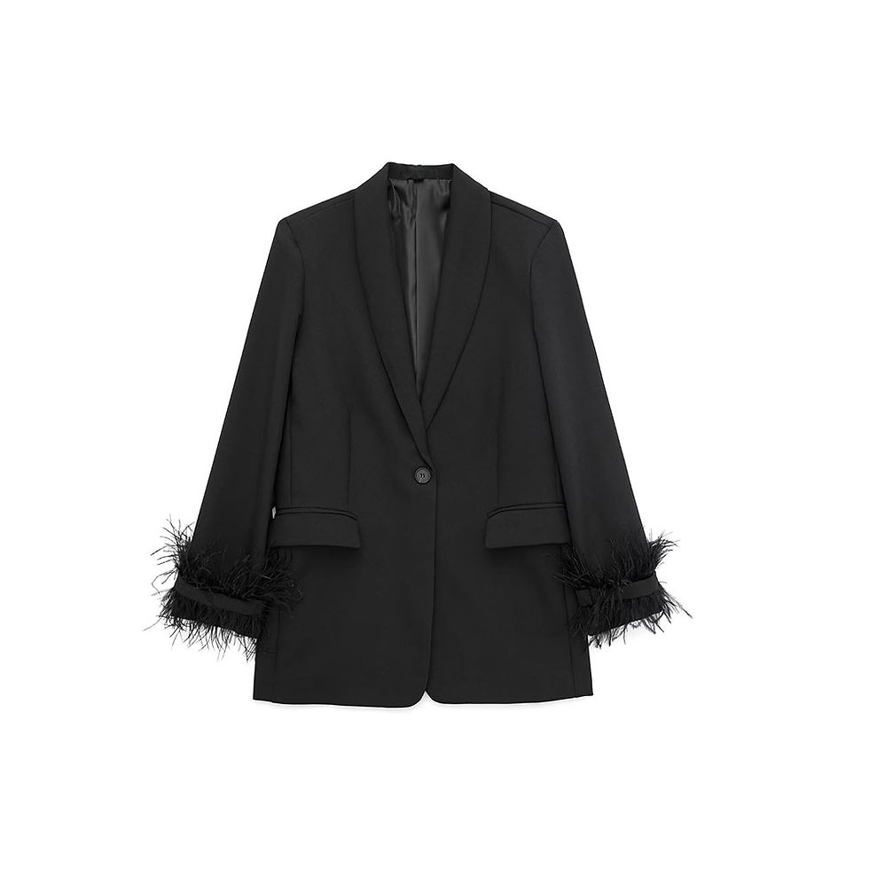 Thumbnail: Willshela Women Fashion Satin Black With Feather Blazer Jacket Vintage Notched N