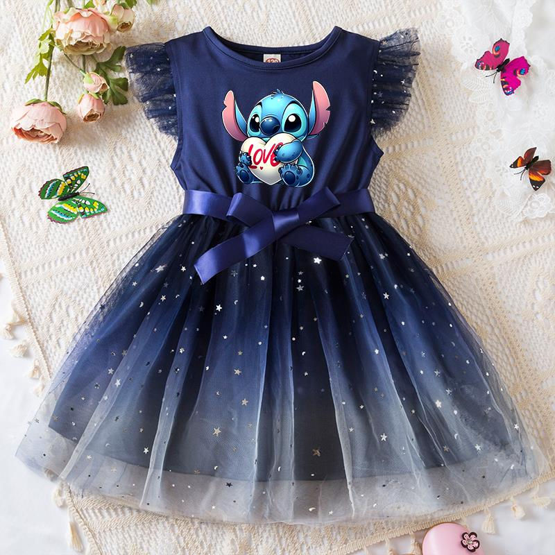 الصورة المصغرة: Lilo Stitch Sequins Baby Girls Dress Toddler Flutter Sleeves Rainbow Tulle Sweet
