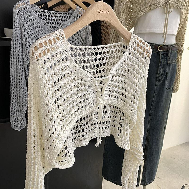 Thumbnail: Hollow Out Space-up Short Loose Knitted Solid Cardigan Women's 2024 Summer New K