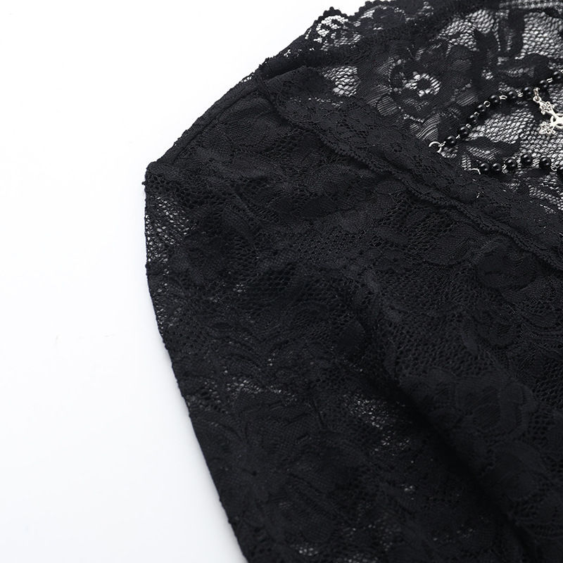 Thumbnail: AltGoth Vintage Dark Goth Lace T-shirt Women Sexy Aesthetice Coquette See Throug
