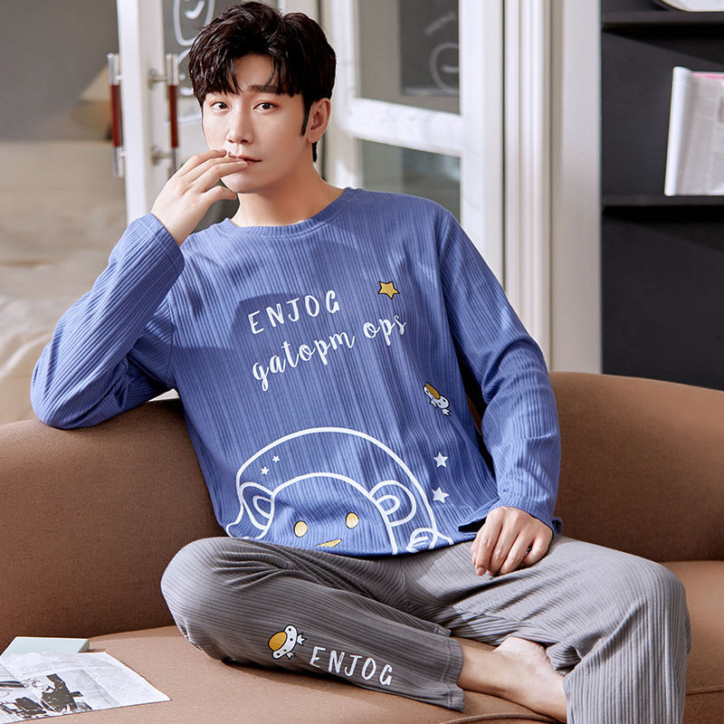 الصورة المصغرة: 100% Cotton Pajamas Sets Men Long Sleeve Pijama Set for Male S-XXXL Size Pure Co