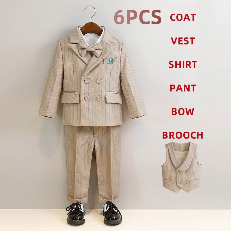 الصورة المصغرة: Children's Boys Khaki Striped Suit Set Formal Luxurious Kids Boys Wedding Suit E