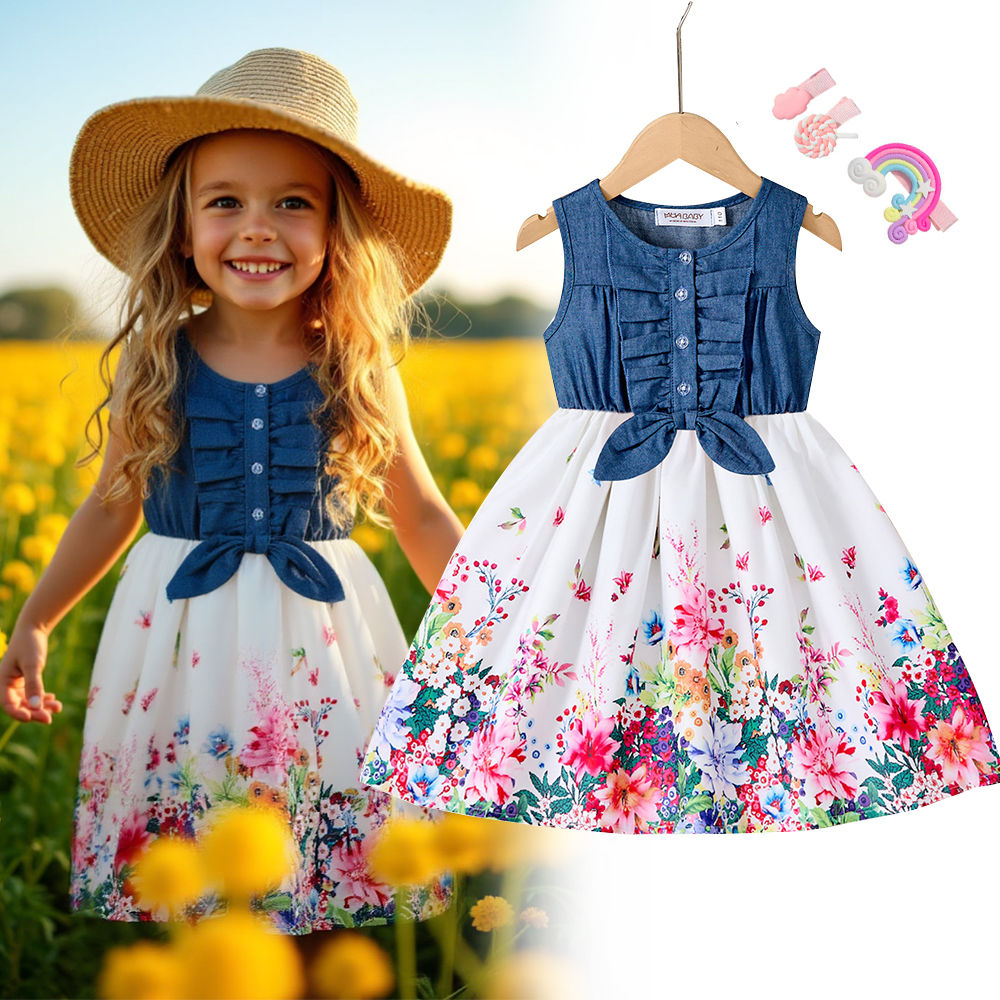 One Piece Patchwork Denim Like Top Printed Dress for Kids Girl Summer Sleeveless