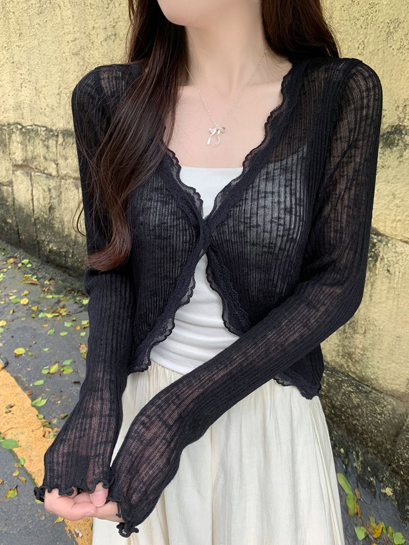 Thumbnail: Lace Trim One Button Long Sleeve Crop Top Women Short Sleeve Open Front Ribbed K