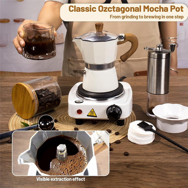 Thumbnail: A74G-Aluminum Moka Pot Set With Electric Stove Hand Grinder Moka Dispenser Class