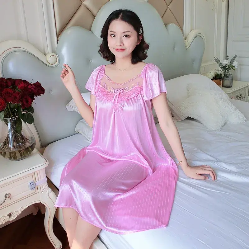 الصورة المصغرة: Ladies Ice Silk Nightgowns Sleeping Dress Medium Length Short Sleeve Nightdress 