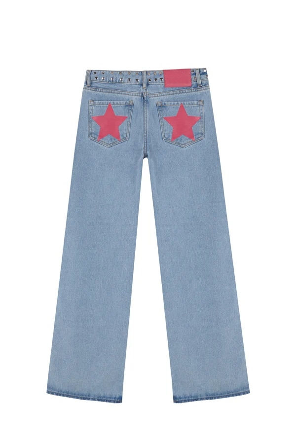 الصورة المصغرة: Vintage Five-Pointed Star Print High Waited Jeans Woman Street Harajuku Baggy Je