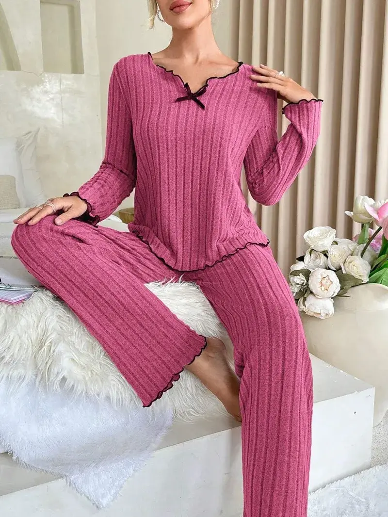 Women Autumn Winter Sleepwear Ribbed Pajamas Set Long Sleeve Top and Long Pants