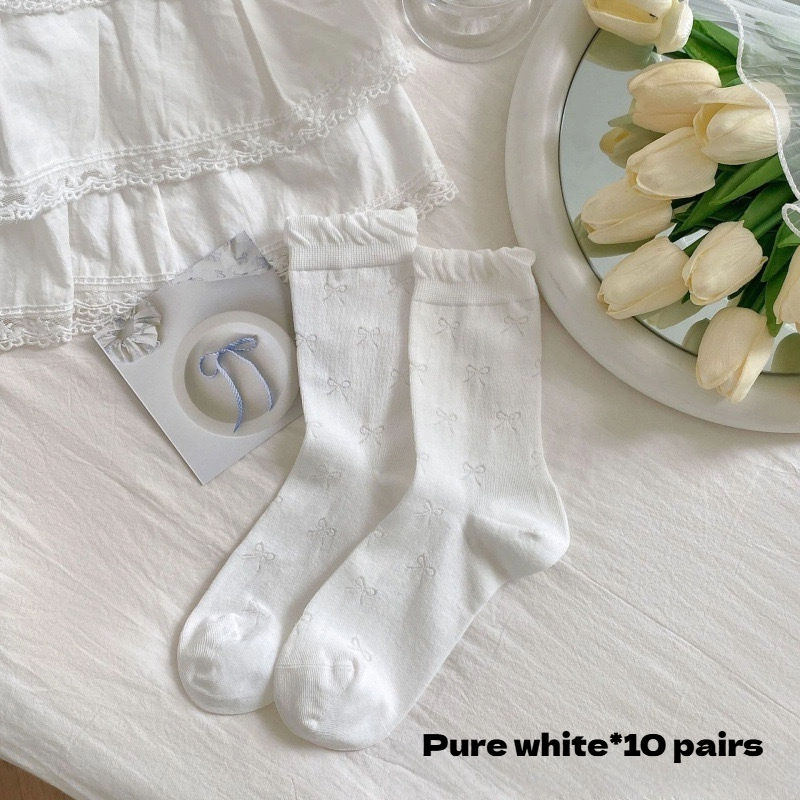 الصورة المصغرة: 10 Pairs of Women's Bow Print Mid-calf Socks For Summer thin Hollow Breathable B
