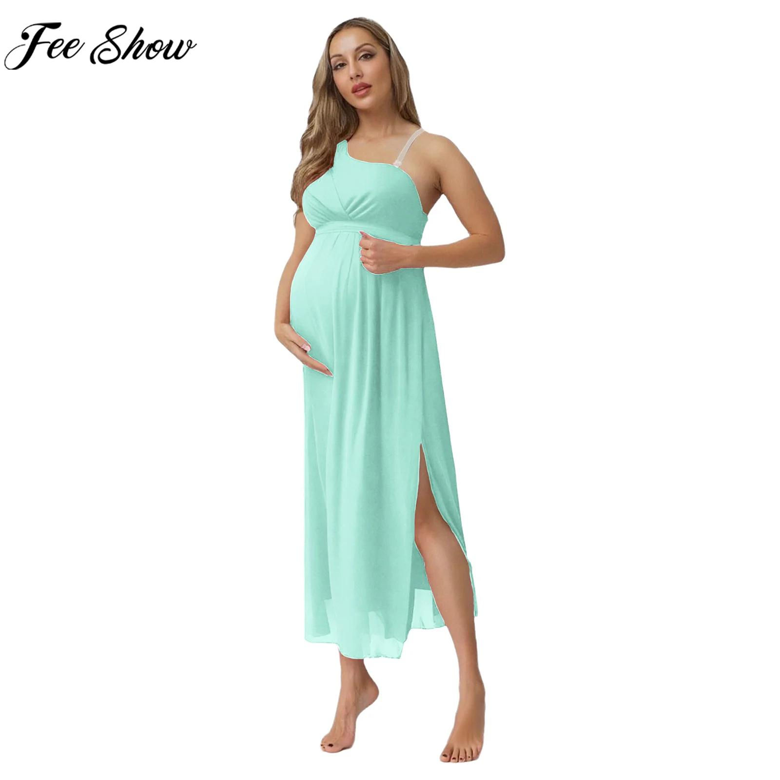 Maternity One Shoulder Formal Dress Split Hem Chiffon Ankle Length Gown Photosho