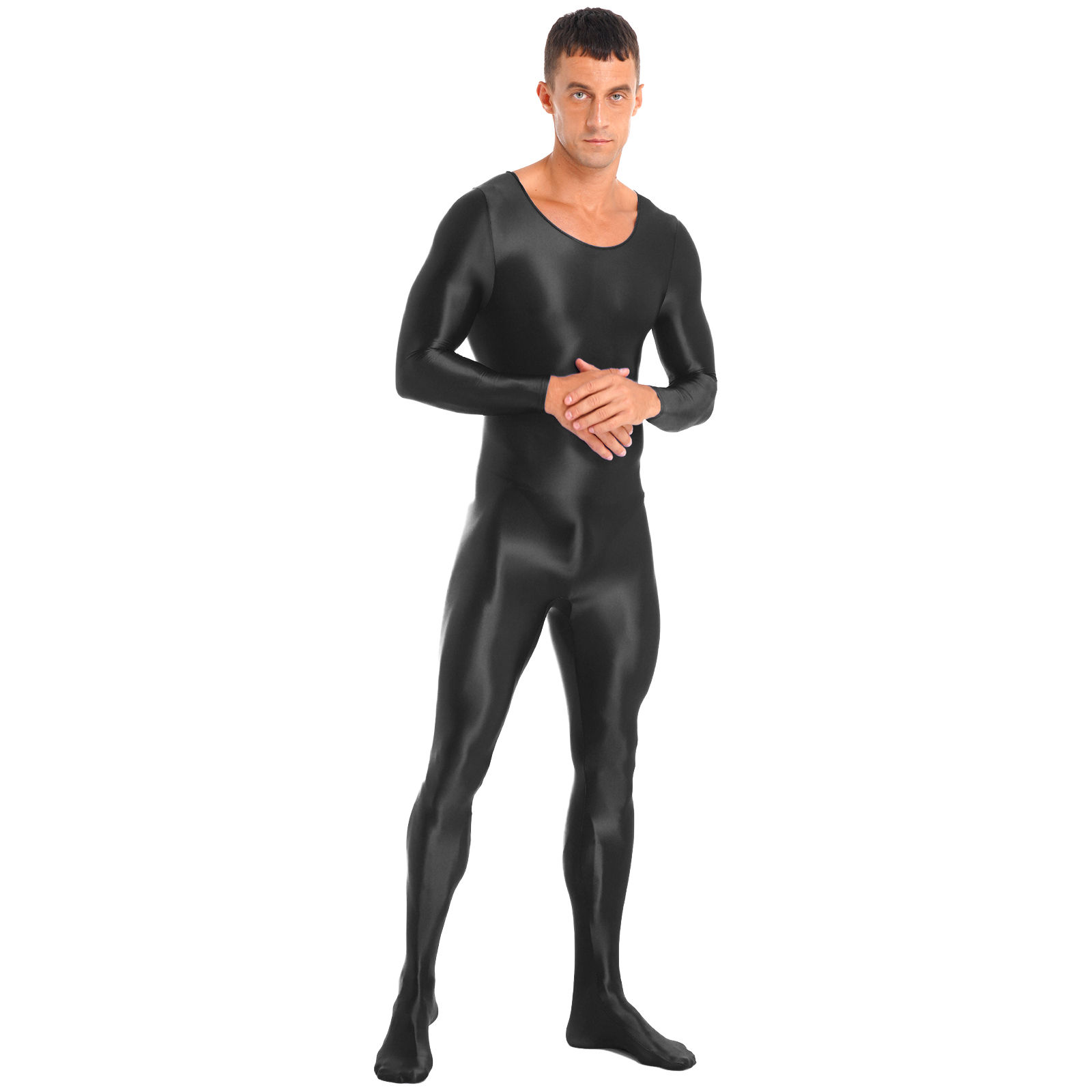 Men Glossy Bodystocking Smooth Long Sleeve Oil Shiny Full Body Bodysuit Tights S