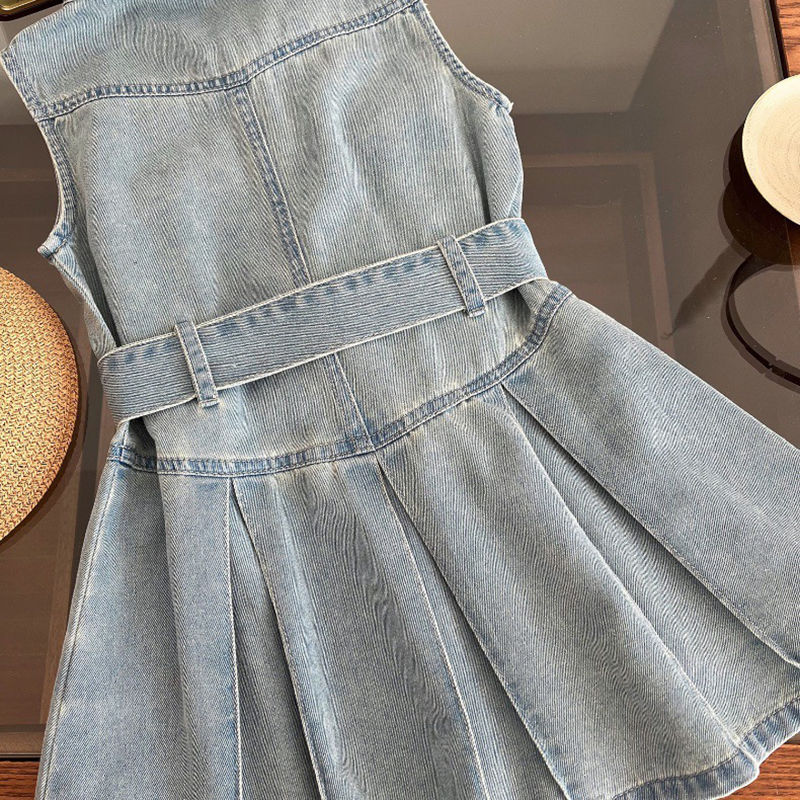 الصورة المصغرة: Summer New Girls Denim Dress Belt Decoration Lapel Collar Sleeveless Tutu Prince