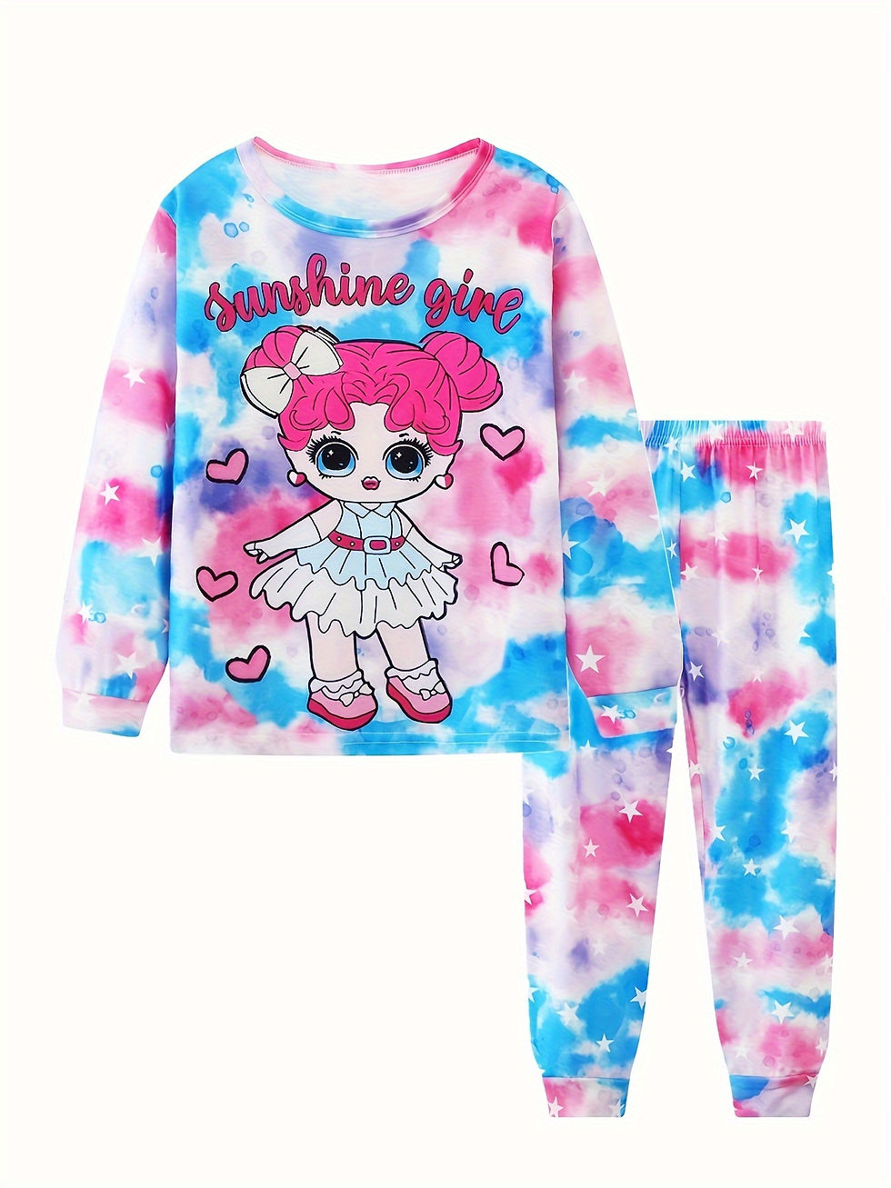 Thumbnail: 2pcs Girls Casual Cartoon Unicorn Print Crew Neck Pink Cotton Pajama Sets