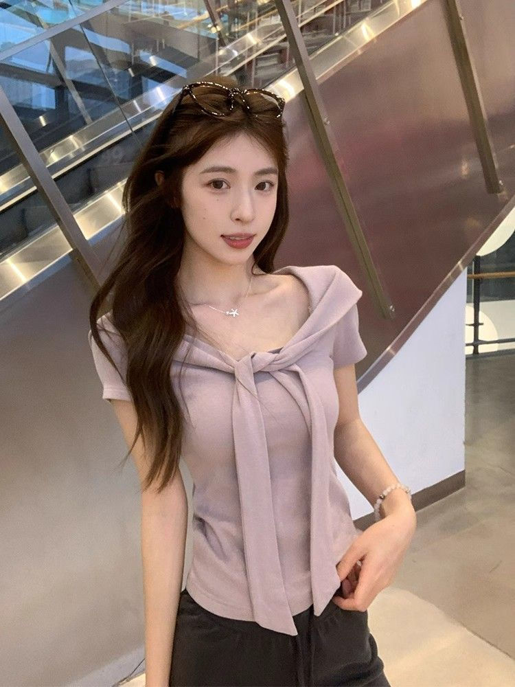 الصورة المصغرة: Purple Korean Style Pure Desire Short Sleeve T Shirt With Tie Up Design Slim Fit
