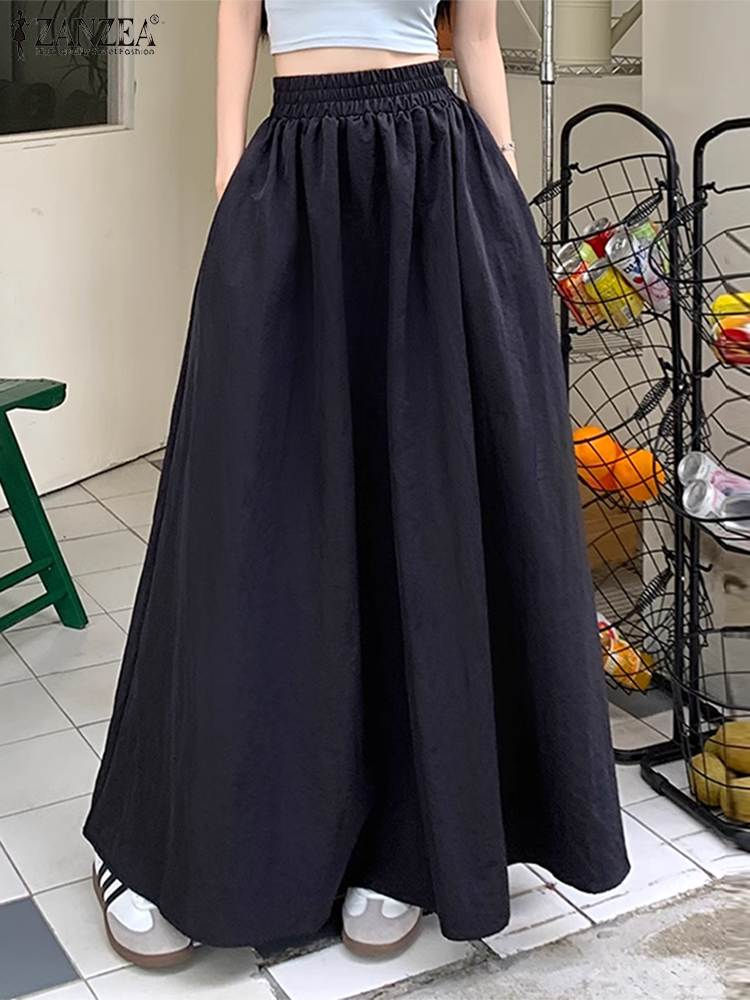 ZANZEA Women Umbrella Long Skirt Streetwear Elastic Waist Jupes 2024 Summer Pock