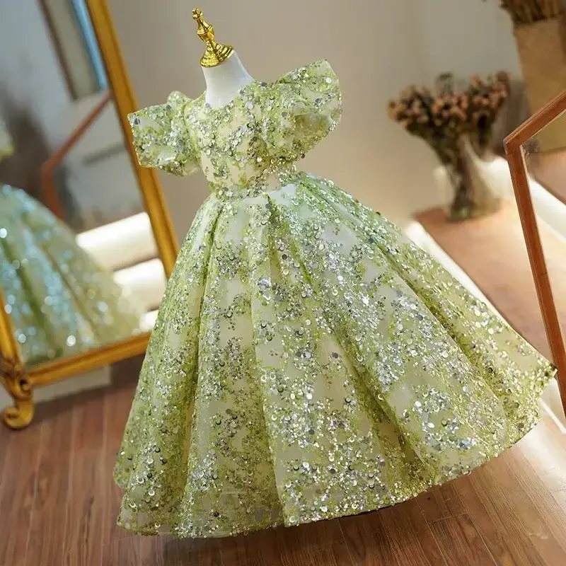 الصورة المصغرة: Kids Evening Gowns Elegant Girls Formal Prom Dresses Bubble Sleeve Sequins Metal