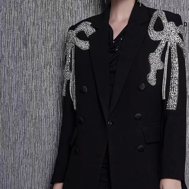 Thumbnail: Women Bow Diamonds Beaded Black Blazer Coat Turn Down Collar Drilling Suits Jack