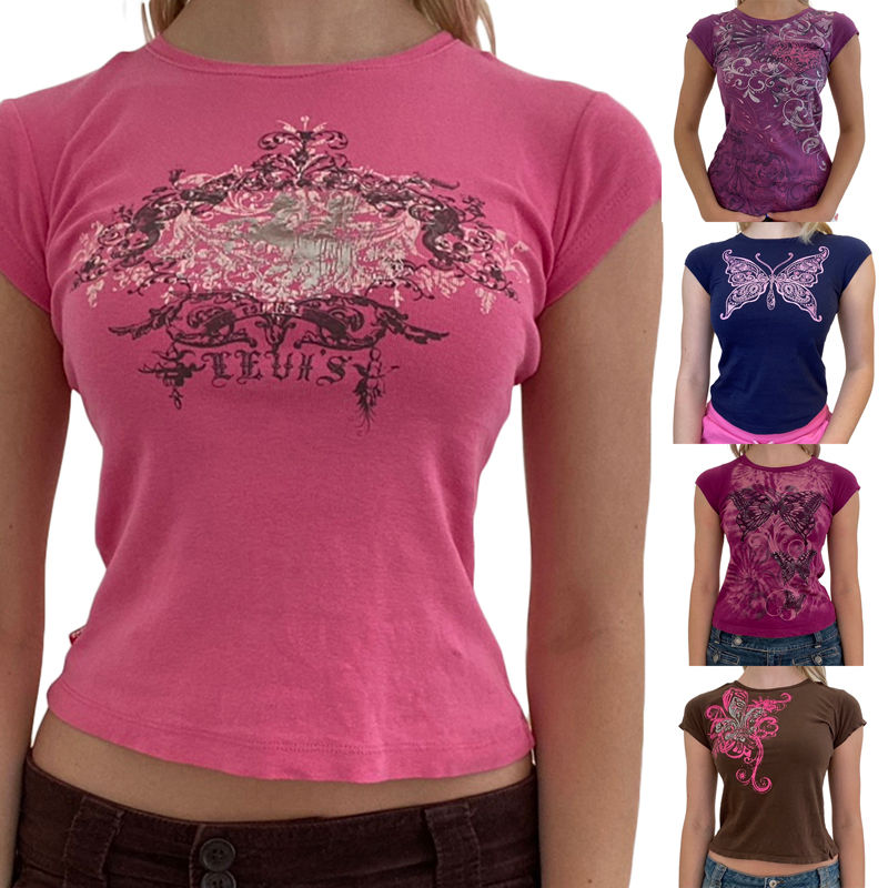 الصورة المصغرة: Y2k Fairy Grunge Shirt Top for Women Short Sleeve Vintage Graphic Crop Tee Top A