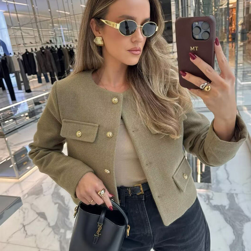 Thumbnail: TRAF Woman Outerwears Autumn Long Sleeve Cropped Jacket For Women Winter Button 