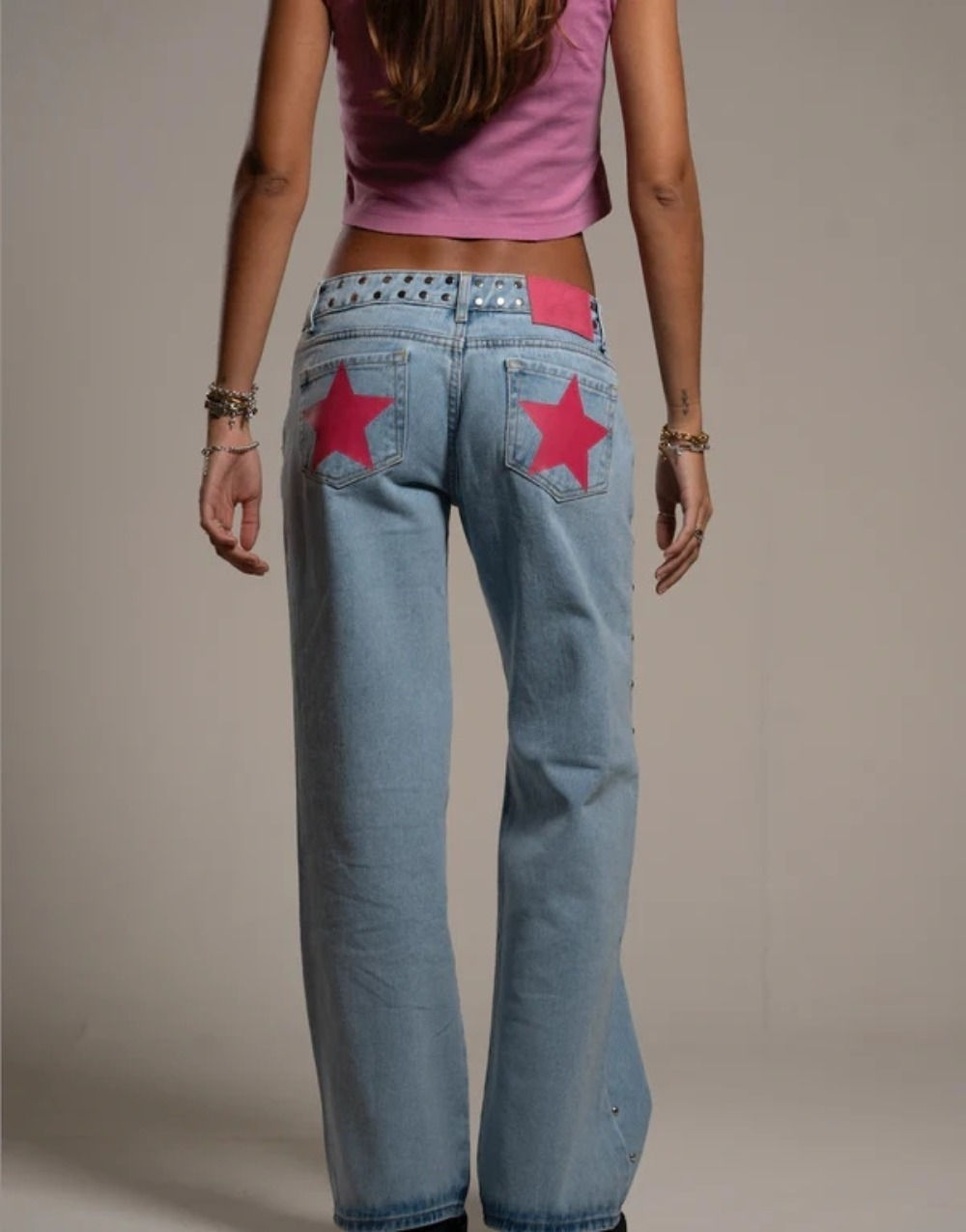 Vintage Five-Pointed Star Print High Waited Jeans Woman Street Harajuku Baggy Je