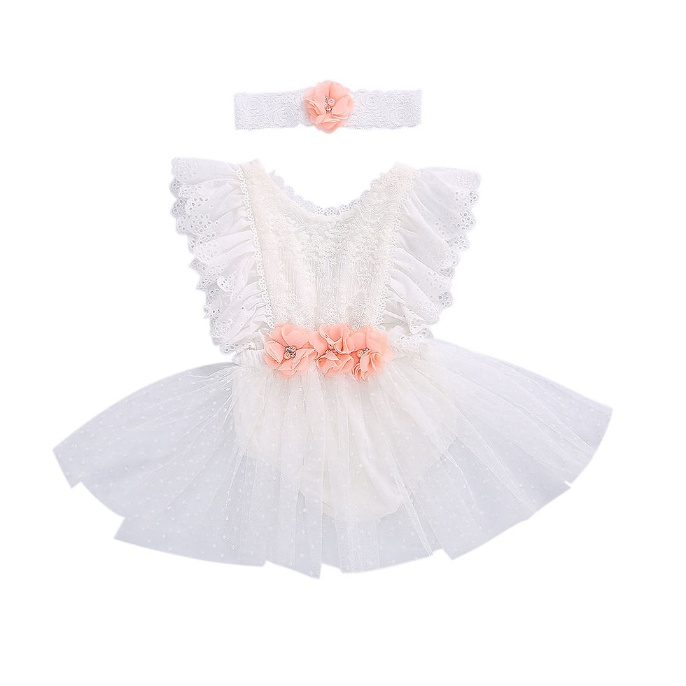 Thumbnail: Newborn Baby Girls White Romper Dresses Infant Sleeveless Lace Flower One-Piece 