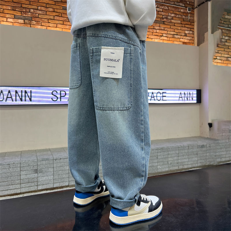 Thumbnail: Boys big pocket letter straight jeans street style back pocket big pocket jeans 