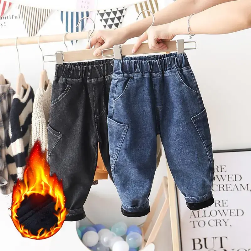 الصورة المصغرة: girls boys jeans velvet warm denim pants baby Kids pockets long pant trousers Ch