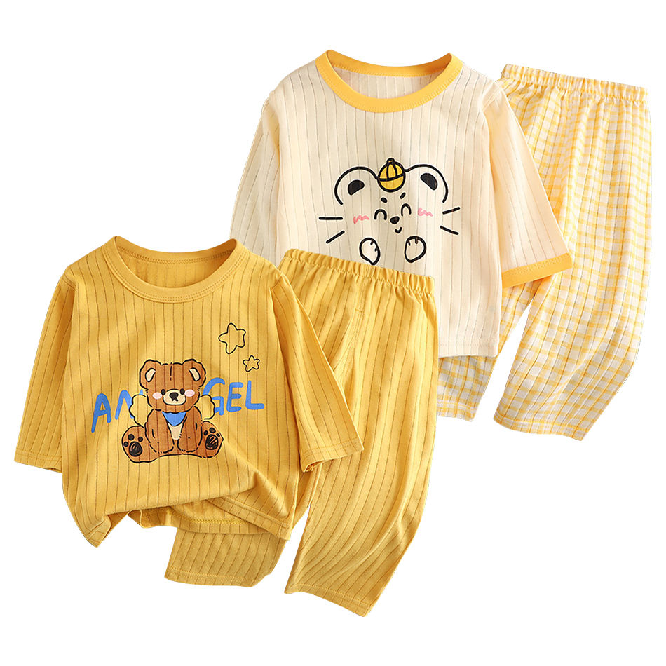 Children Summer Cotton Pajama Sets Long Sleeves Top Pants Soft and Breathable Su