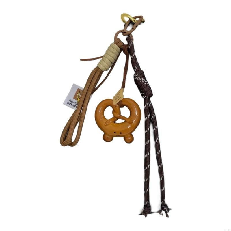 الصورة المصغرة: 634C Bagel Pretzel Chocolate Bag Charm Pendant Keyring Braided Rope Keychain Cha