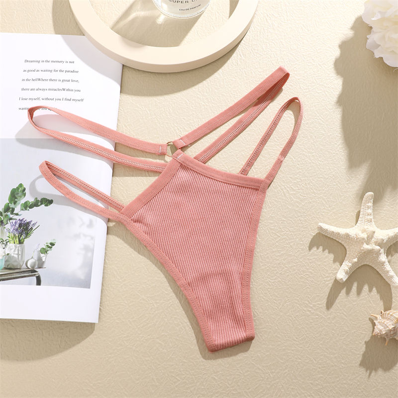 الصورة المصغرة: FINETOO 4Pcs Cotton Double Thin Belts Underwear for Women Sexy Low Waist Striped