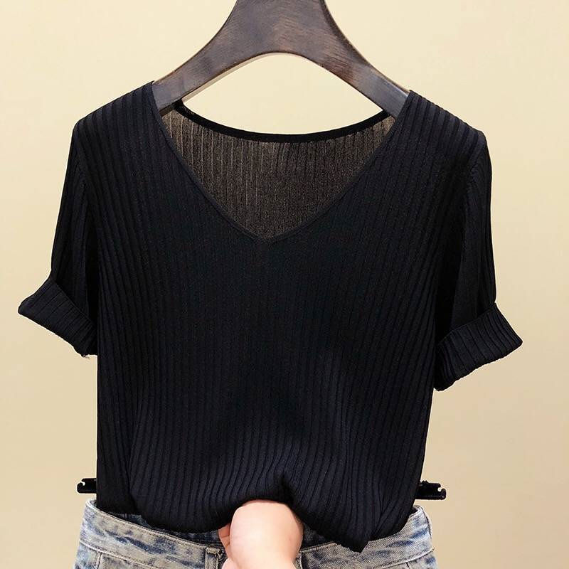 الصورة المصغرة: 2025 New Summer V-neck Knitted Sweater Women's Short Sleeves Jumpers Pullovers C