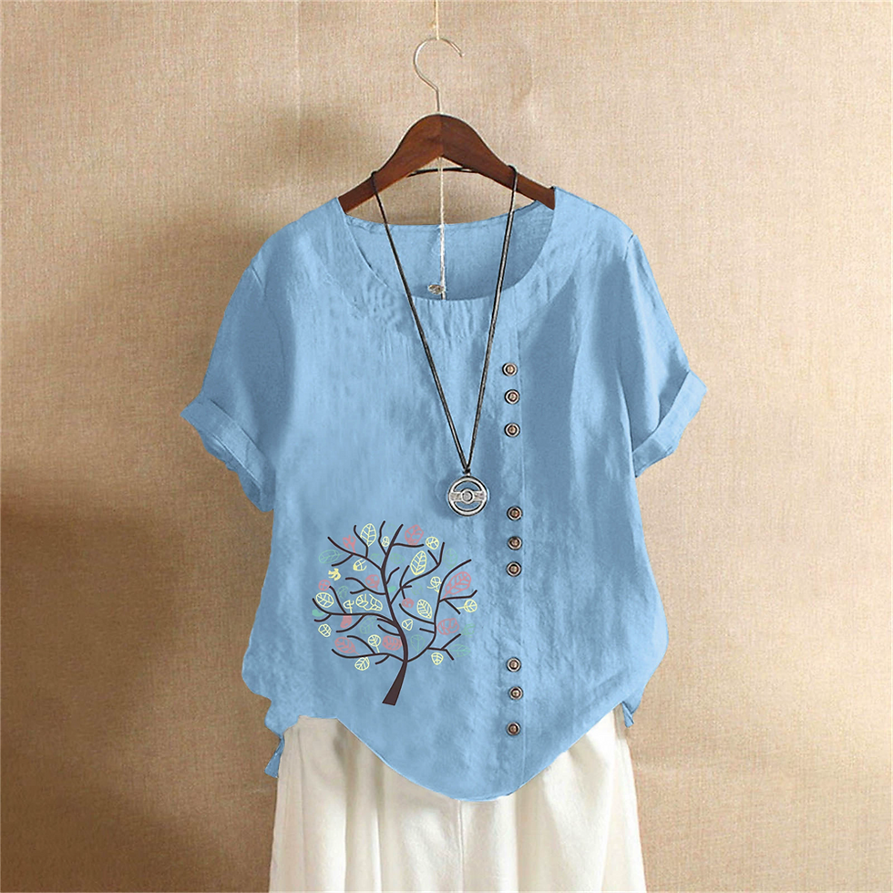 الصورة المصغرة: Cotton Linen T Shirt Women's Clothing Summer Retro Ladies Tops Tee Casual Loose 