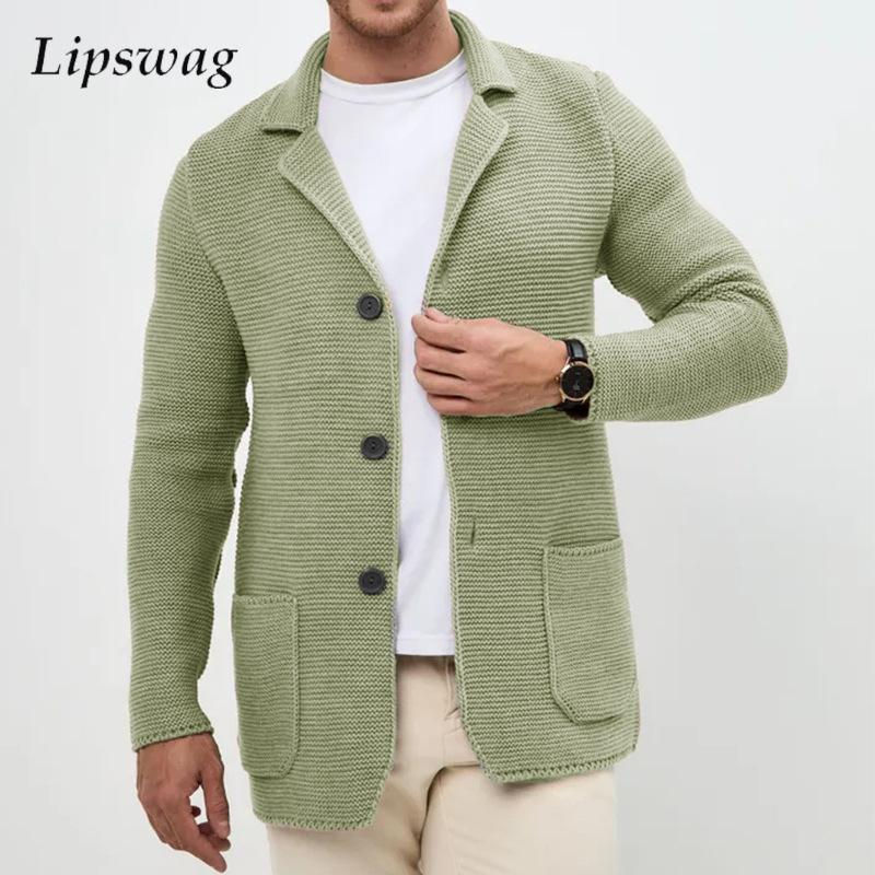Autumn Daily Leisure Mens Knit Cardigan Tops Trendy Turn-down Collar Button-up S