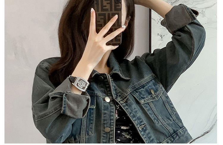 الصورة المصغرة: Loose Vintage Women's Denim Coat Crop Top With Pockets 2024 Sping Streetwear Ret