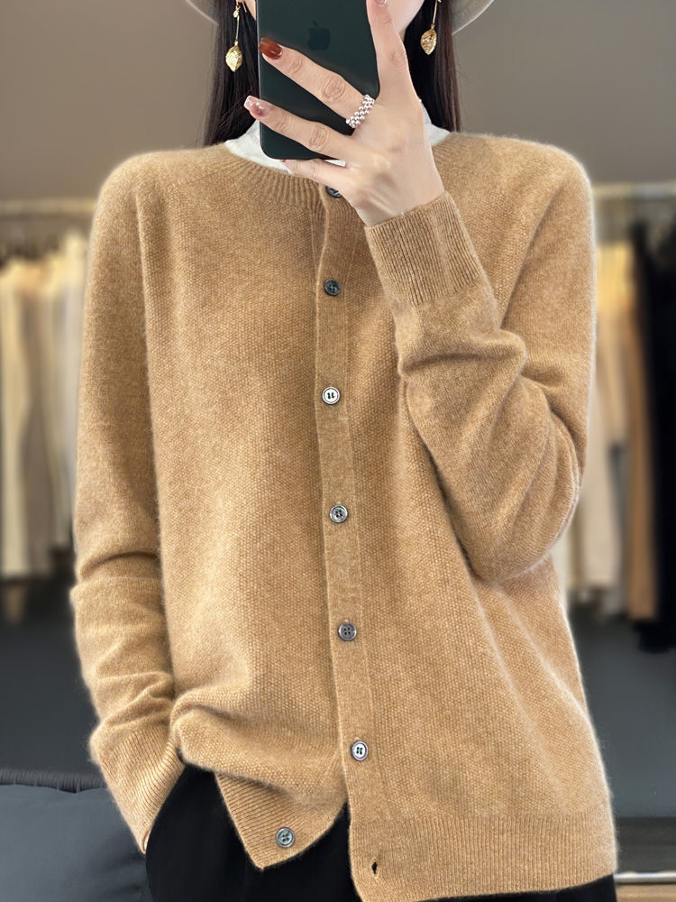 Thumbnail: High Quality Spring Autumn O-Neck Long Sleeve Cashmere Cardigan 100% Merino Wool