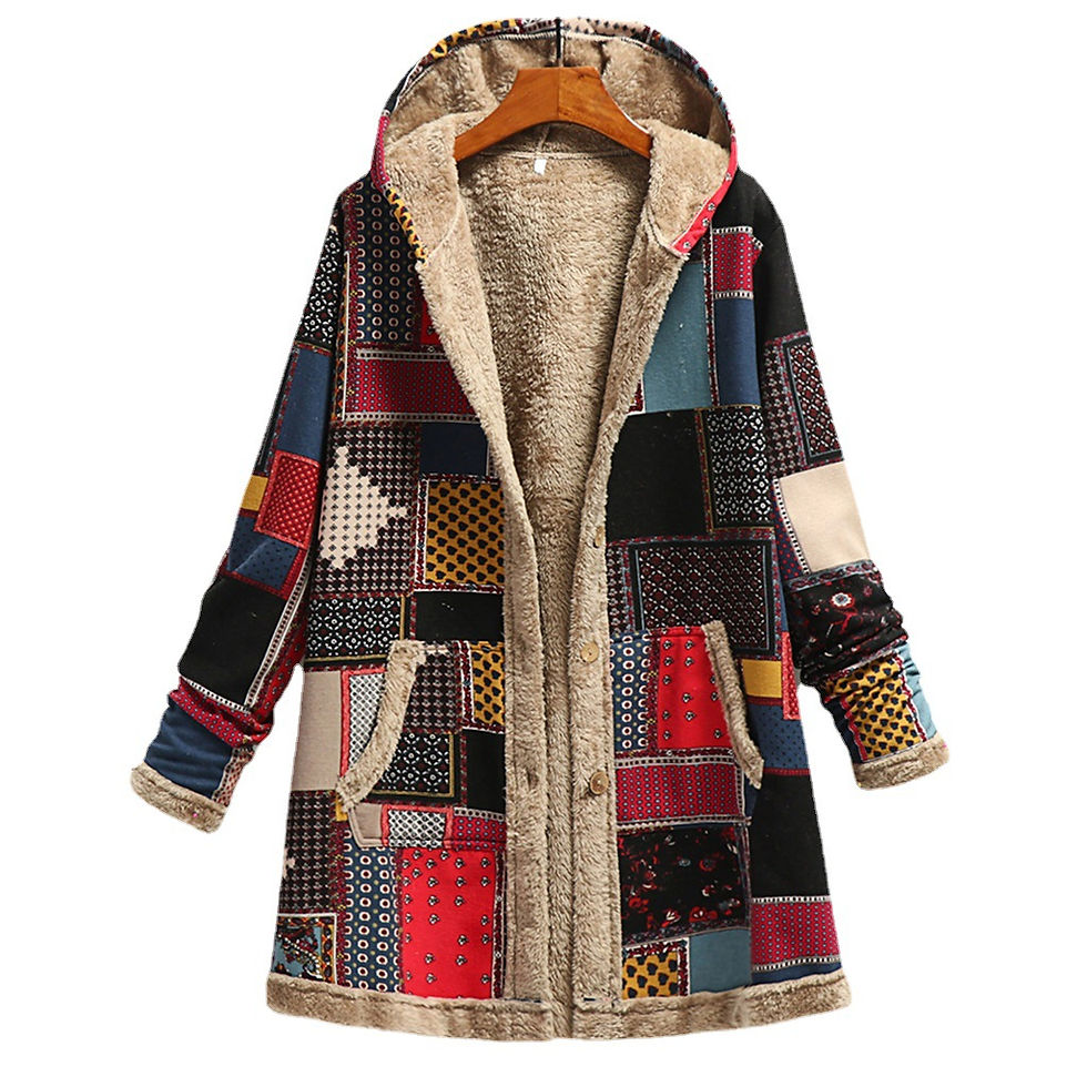Thumbnail: Women's Long Plush Jacket with Cotton and Linen Print Hooded Sweatshirt for Warm