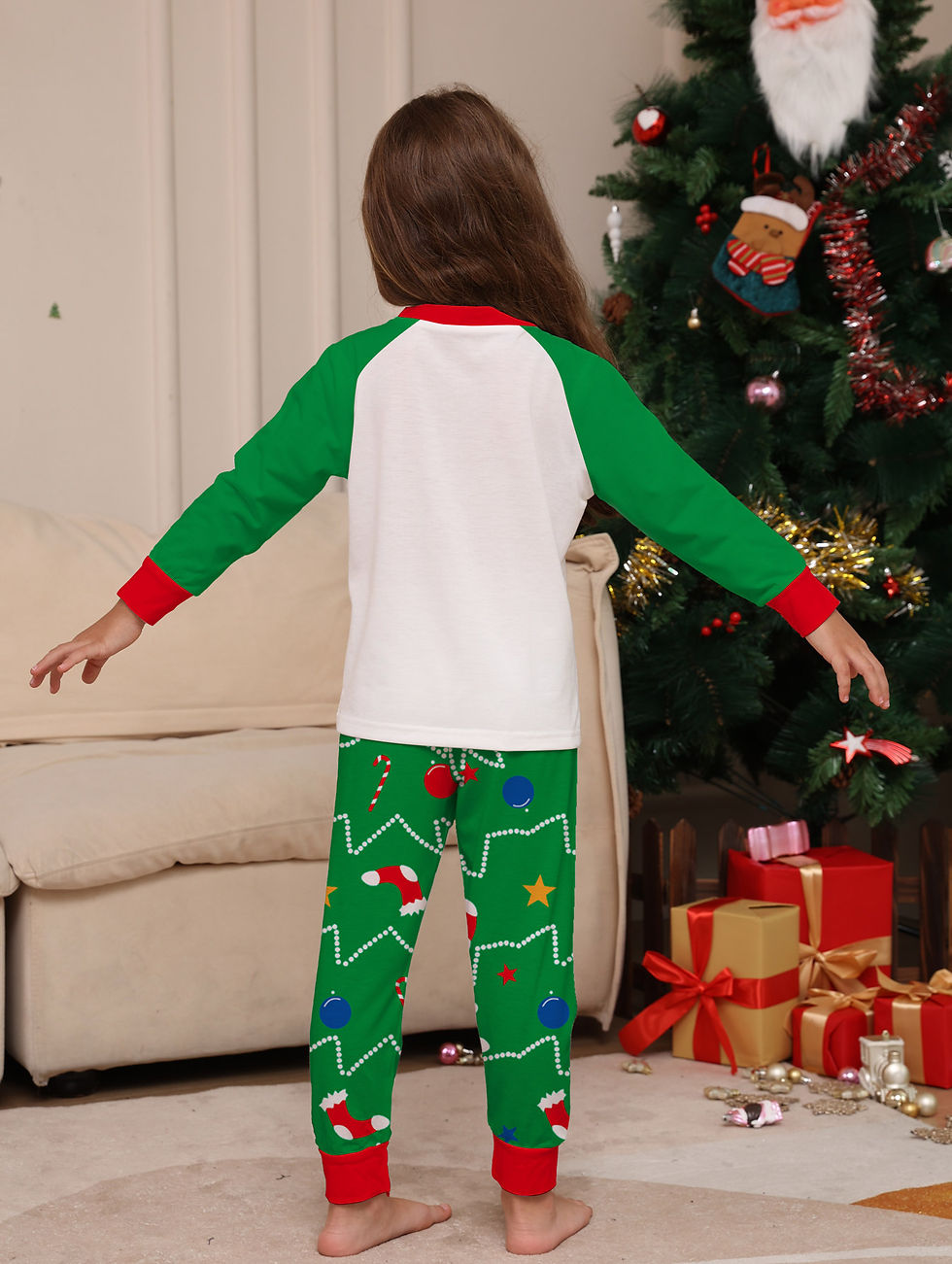 Thumbnail: Festive Unisex Children's Sleepwear - White Green Raglan Top with Xmas Tree, Sto