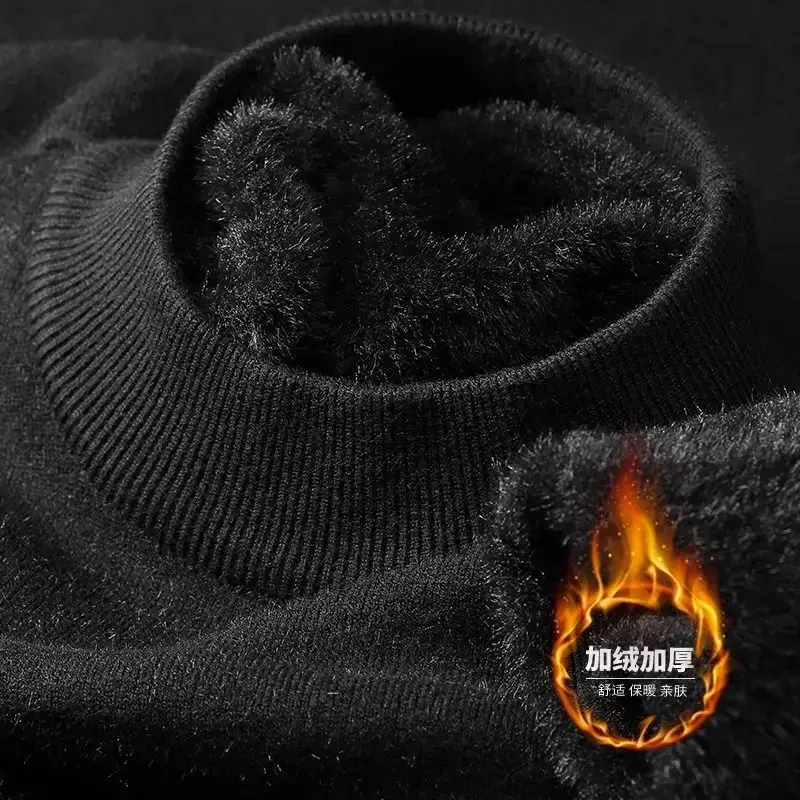 Thumbnail: Plush Men's Knitted Sweater Turtleneck with Velvet Padded Warm Solid Pullovers A