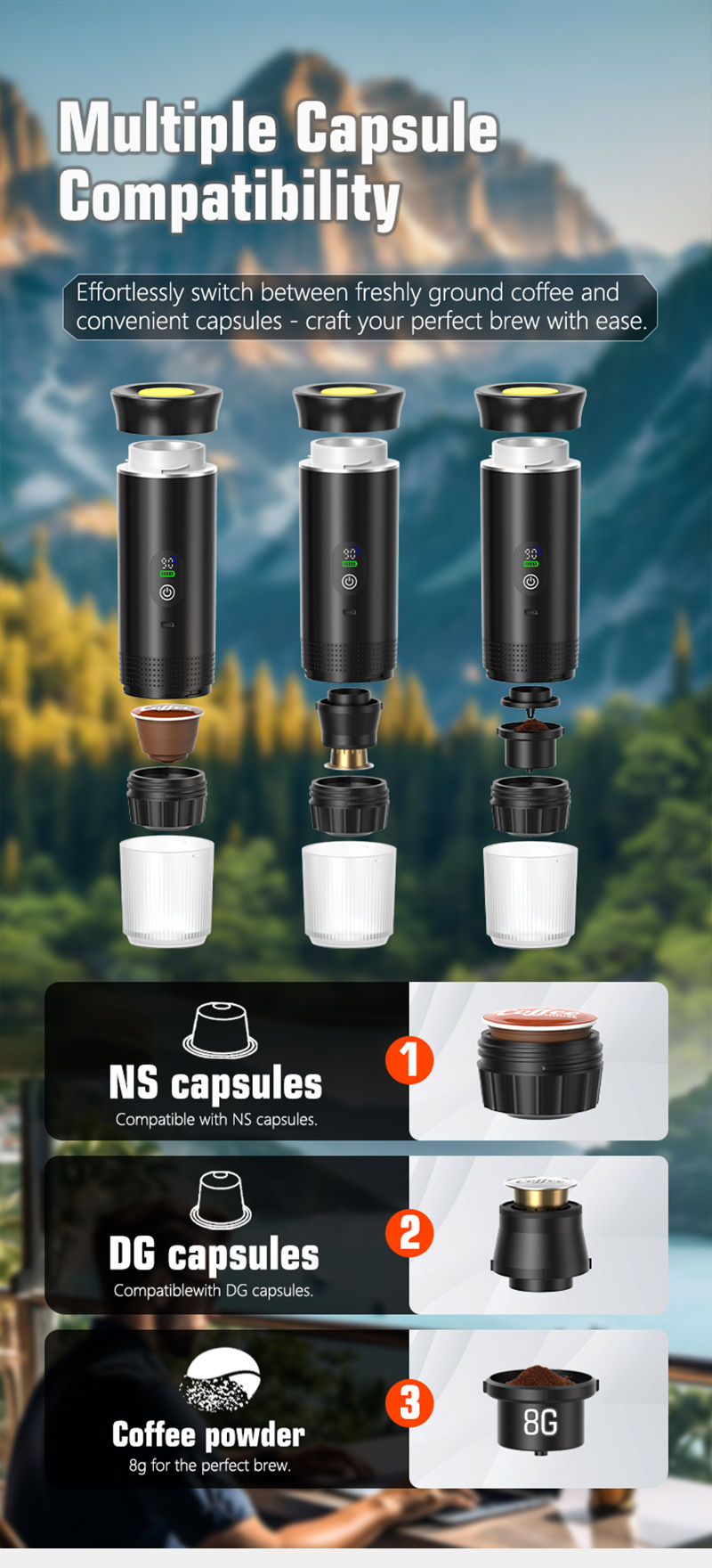 الصورة المصغرة: Foombthe Portable Espresso Coffee Machine With Digital Display 3-in-1 Capsule Co