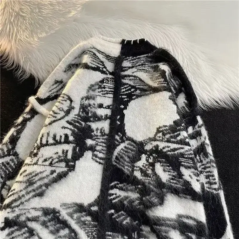 الصورة المصغرة: Man Clothes Black Y2k Vintage Tie Dye Knitted Sweaters for Men Cardigan V Neck A